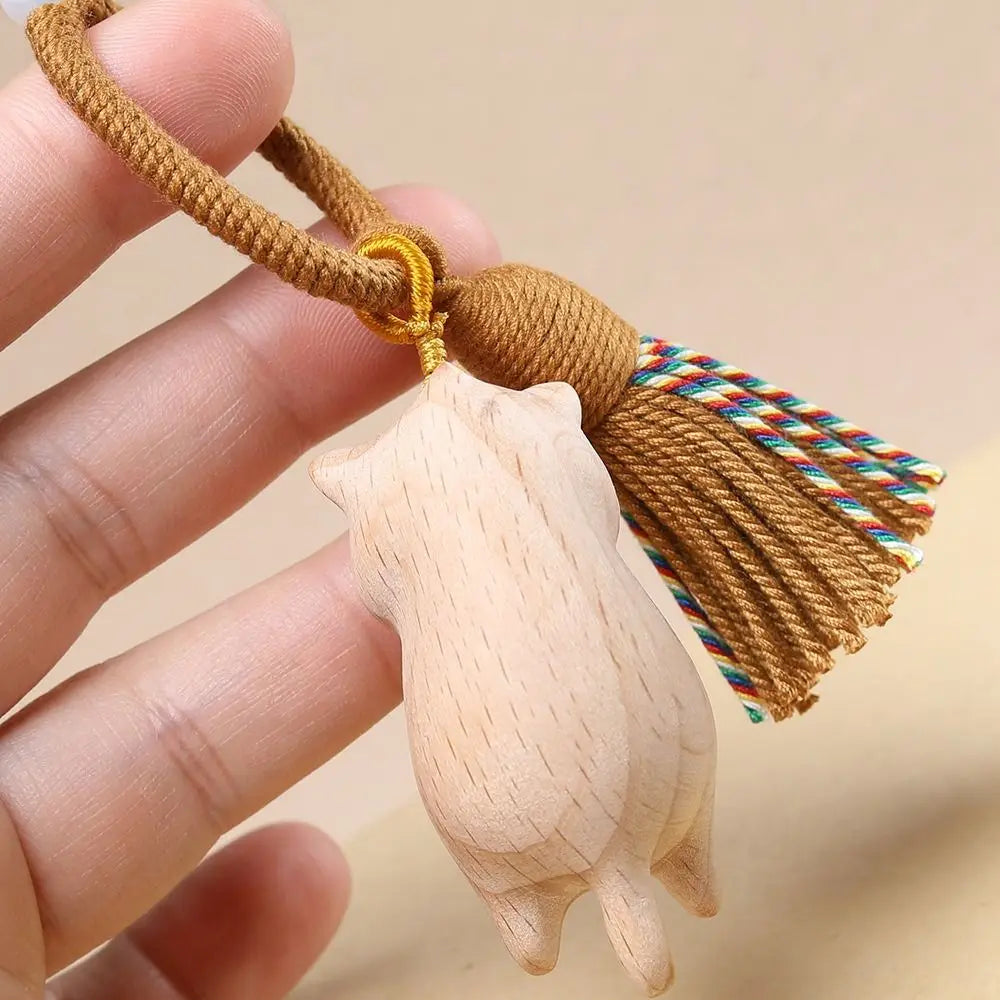 Weave Rope Wooden Carved Cat Keychain Cartoon Animal Beads Wood Kitty Dolls Pendant Kawaii Bag Hanging Carved Cat Keyring