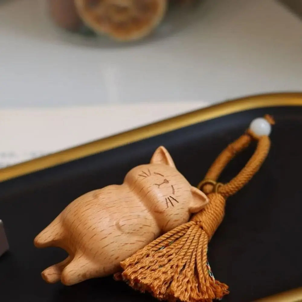 Weave Rope Wooden Carved Cat Keychain Cartoon Animal Beads Wood Kitty Dolls Pendant Kawaii Bag Hanging Carved Cat Keyring