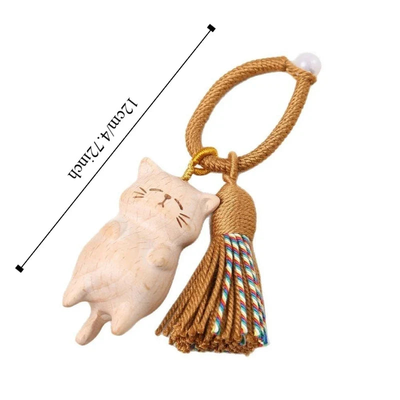 Weave Rope Wooden Carved Cat Keychain Cartoon Animal Beads Wood Kitty Dolls Pendant Kawaii Bag Hanging Carved Cat Keyring