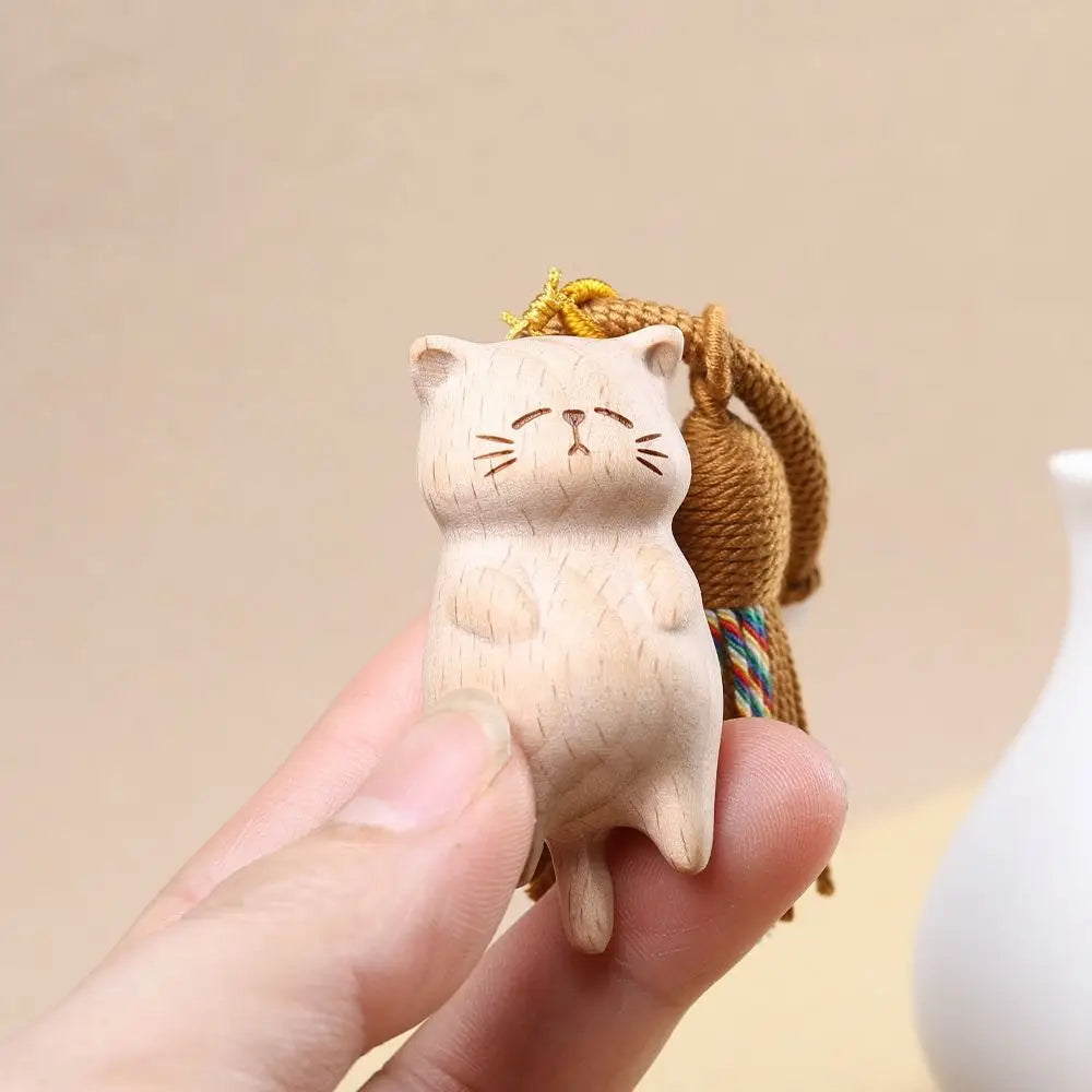 Weave Rope Wooden Carved Cat Keychain Cartoon Animal Beads Wood Kitty Dolls Pendant Kawaii Bag Hanging Carved Cat Keyring