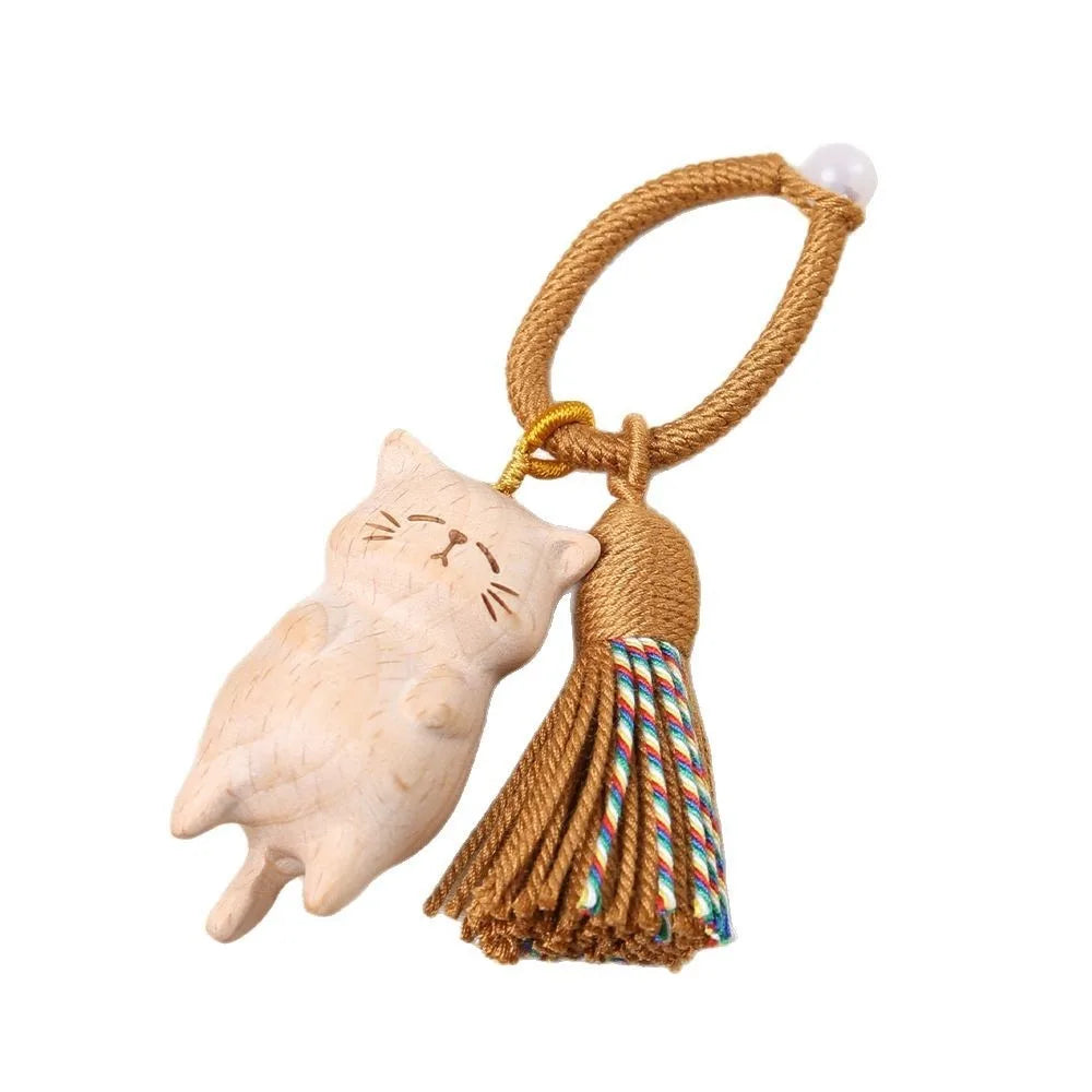 Weave Rope Wooden Carved Cat Keychain Cartoon Animal Beads Wood Kitty Dolls Pendant Kawaii Bag Hanging Carved Cat Keyring