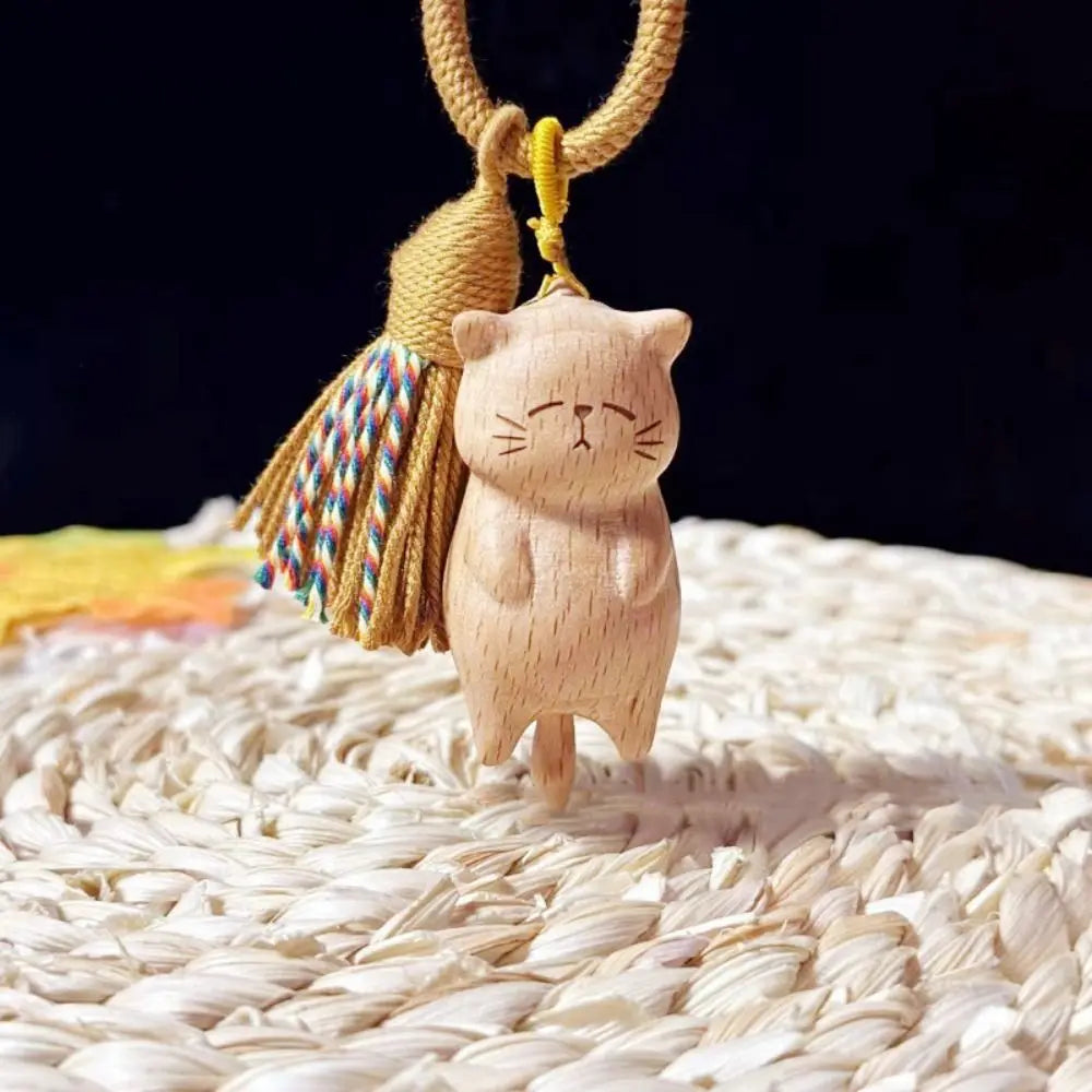 Weave Rope Wooden Carved Cat Keychain Cartoon Animal Beads Wood Kitty Dolls Pendant Kawaii Bag Hanging Carved Cat Keyring