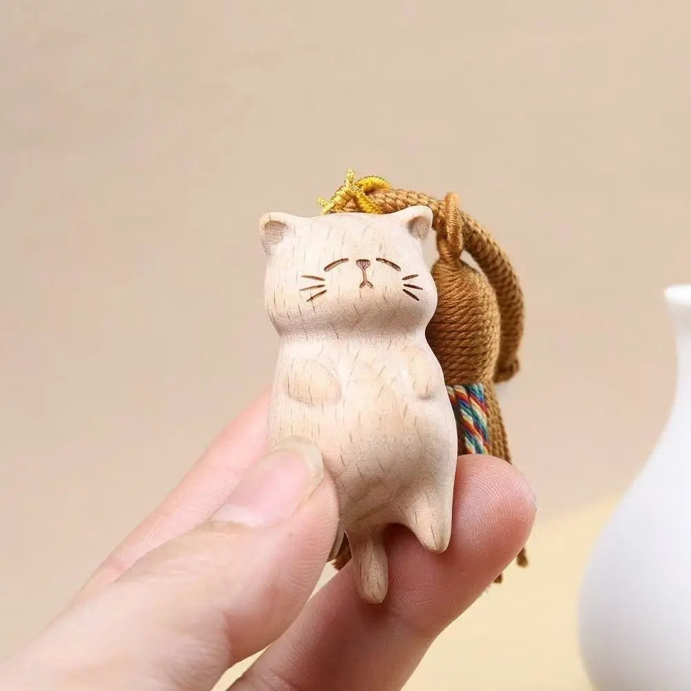 Weave Rope Wooden Carved Cat Keychain Cartoon Animal Beads Wood Kitty Dolls Pendant Kawaii Bag Hanging Carved Cat Keyring